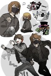Rule 34 | 2boys, black eyes, black jacket, black pants, black shirt, brown hair, character request, clenched hand, commentary request, copyright request, creature, deformed, english text, grey background, hand up, hands up, highres, jacket, jewelry, jiz (pffbq), kiyo (youtuber), long sleeves, looking at another, looking at viewer, looking to the side, male focus, mask, mouth mask, multiple boys, multiple views, necklace, pants, real life, running, seiza, shirt, short hair, sitting, sleeveless, sleeveless jacket, translation request