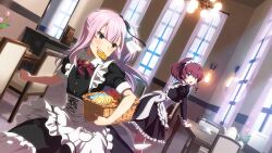 2girls apron aqua_nails basket black_dress blue_eyes bow bowtie candy chair cookie cup dress food game_cg holding holding_basket indoors konohana_suzuka lamp long_hair long_sleeves looking_at_another maid maid_headdress medium_hair mirror mouth_hold multiple_girls official_art pink_hair ponytail puffy_sleeves red_bow red_bowtie red_hair short_sleeves slice_of_life standing table teapot toji_no_miko toji_no_miko:_kizamishi_issen_no_tomoshibi tsubakuro_yume white_apron window
