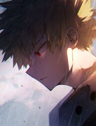 1boy bakugou_katsuki blonde_hair boku_no_hero_academia closed_mouth cloud cloudy_sky commentary from_side highres looking_down male_focus profile rain red_eyes ryo_(piggerworld) short_hair sky solo spiked_hair superhero_costume upper_body wet wet_hair