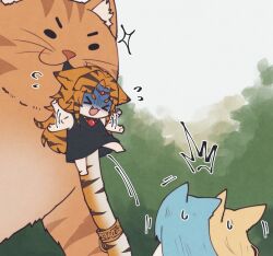 3girls angon623 animal_ears animal_print azura_cecillia blonde_hair blue_hair cat layla_alstroemeria multiple_girls nara_haramaung nijisanji nijisanji_id surprised sweatdrop tail tiger_print tiger_tail virtual_youtuber