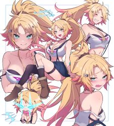 1girl absurdres aqua_eyes black_bra black_skirt blonde_hair bra breasts choker cleavage closed_eyes closed_mouth collarbone colored_tips commission crop_top fang freckles hair_ornament highres indie_virtual_youtuber large_breasts long_hair m1stm1 millennium_ring mole mole_on_arm mole_on_chest multicolored_hair navel obkatiekat obkatiekat_(1st_costume) open_mouth pink_hair pleated_skirt ponytail sharp_teeth skeb_commission skirt solo strap_slip suspender_skirt suspenders tank_top teeth underwear virtual_youtuber white_tank_top yu-gi-oh!