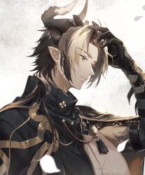 Rule 34 | 1boy, arknights, arm up, blonde hair, brown hair, chinese commentary, chongyue (arknights), closed mouth, commentary, earrings, hair intakes, hand on own head, high collar, highres, horns, jewelry, light smile, long hair, looking ahead, male focus, multicolored hair, orange eyes, pointy ears, profile, saki (nighters), solo, streaked hair, tassel, upper body