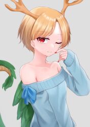 Rule 34 | 1girl, ;), adapted costume, antlers, bare shoulders, blue shirt, breasts, collarbone, commentary request, dakuazu, dragon tail, grey background, hand up, highres, horns, kicchou yachie, light smile, long sleeves, nail polish, off-shoulder shirt, off shoulder, one eye closed, parted bangs, red nails, shirt, simple background, sleeves past wrists, small breasts, smile, solo, tail, touhou, turtle shell, upper body
