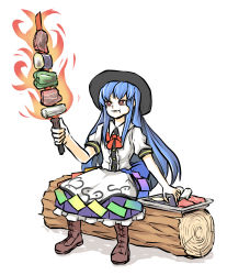 1girl bell_pepper black_hat blue_hair boots bow brown_boots center_frills eating eggplant fire food food_in_mouth frills hair_between_eyes hat highres hinanawi_tenshi long_hair meat peroponesosu. plate radish rainbow_order red_bow red_eyes red_neckwear shish_kebab short_sleeves simple_background solo sword_of_hisou touhou white_background