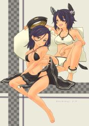 2girls absurdres bikini black_bikini black_hair black_sarong bodyboard breasts brown_eyes checkered_necktie criss-cross_halter eyepatch halo halterneck headgear highres kantai_collection kickboard large_breasts mechanical_halo multiple_girls necktie official_alternate_costume pot-de sarong swimsuit tatsuta_(kancolle) tatsuta_(swimsuit)_(kancolle) tatsuta_kai_ni_(kancolle) tenryuu_(kancolle) tenryuu_(swimsuit)_(kancolle) unworn_necktie white_bikini