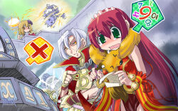 2boys 2girls animal animal_around_neck bangle blush bow bracelet breasts brown_eyes brown_hair capelet closed_mouth confused copyright_notice cowboy_shot detached_sleeves dress electrocution fingerless_gloves fox frown fur-trimmed_capelet fur_trim gloves green_eyes guest_art hair_between_eyes hair_bow high_priest_(ragnarok_online) high_wizard_(ragnarok_online) highres holding holding_paper holding_staff ice in-universe_location jewelry juliet_sleeves logo long_hair long_sleeves looking_at_another looking_to_the_side maid_headdress medium_breasts multiple_boys multiple_girls nose_blush official_art official_wallpaper open_mouth paper pelvic_curtain plasma_(ragnarok_online) professor_(ragnarok_online) puffy_sleeves purple_bow ragnarok_online red_capelet red_dress red_hair red_sleeves runes shirt short_hair sleeveless sleeveless_dress staff stalker_(ragnarok_online) striped_sleeves tearing_up tendou_makura very_long_hair white_gloves white_hair white_shirt x_x yellow_eyes yellow_sleeves