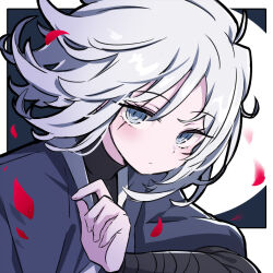 1girl an_apple_akaao bandaged_arm bandages blade_lineage_(identity)_(project_moon) blue_eyes closed_mouth faust_(project_moon) grey_kimono japanese_clothes kimono limbus_company looking_at_viewer project_moon scar scar_on_face short_hair simple_background solo upper_body white_background white_hair