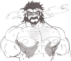 1boy bara beard closed_eyes commentary cropped_arms disembodied_hand duessel_(fire_emblem) english_commentary facial_hair fire_emblem fire_emblem:_the_sacred_stones full_beard highres juggermelon large_pectorals male_focus mature_male multicolored_hair muscular muscular_male mustache nintendo nipples old old_man pectorals sketch solo_focus two-tone_hair