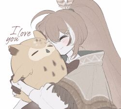 1girl 1other ahoge bird blush brown_capelet brown_cloak brown_hair buffering capelet capyrose_fg cloak closed_eyes english_text feather_hair_ornament feathers hair_ornament hairclip hieroglyphics hololive hololive_english hootsie_(nanashi_mumei) hug long_hair multicolored_hair nanashi_mumei nanashi_mumei_(1st_costume) owl ribbon shirt smile streaked_hair very_long_hair virtual_youtuber white_shirt