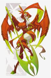 Rule 34 | 1girl, animal feet, axe, battle axe, colored inner hair, commentary, dress, full body, green hair, grey background, hand on own hip, highres, holding, holding axe, hooves, long hair, looking at viewer, monster girl, multicolored hair, original, ponytail, red dress, red eyes, red hair, ruteko (ruko220), solo, standing, standing on one leg, very long hair, weapon