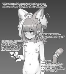 1boy 1girl absurdres ahoge animal_ears arknights blue_archive blush breasts cat_ears cat_girl cat_tail disembodied_hand ear_fondling earrings english_text greyscale highres holding holding_photo jewelry long_hair mari_(blue_archive) monochrome navel nipples nude papyrus_(arknights) photo_(object) simple_background small_breasts solo_focus tail tearing_up th3cr0ma