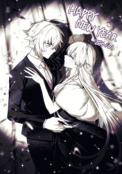 1boy 1girl 2025 alternate_costume anastasia_(fate) arm_up closed_eyes closed_mouth confetti couple cowboy_shot dancing dress earrings fate/grand_order fate_(series) formal_clothes from_side fur_shawl hair_between_eyes hair_ornament hairband hand_up happy_new_year hetero highres holding_hands jacket jewelry kadoc_zemlupus light_blush long_hair long_sleeves looking_at_another monochrome nachochips_159 neck_piercing necktie new_year ring shawl shirt short_hair sleeveless sleeveless_dress smile sparkle spotlight suit