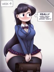 1girl ass_expansion bag black_eyes black_hair black_thighhighs blush breasts constricted_pupils cowboy_shot curvy full-face_blush grey_background highres jacket komi-san_wa_komyushou_desu komi_shouko large_breasts long_hair long_sleeves looking_to_the_side metachoke miniskirt nervous no_mouth panties pleated_skirt school_bag school_uniform shaking simple_background skirt solo standing sweat text_focus thick_thighs thighhighs thighs underwear white_panties wide_hips