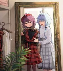 2girls :d ahoge alternate_costume beret black_ribbon black_shirt blue_hair blunt_bangs blush bow boyano braid brown_pantyhose closed_eyes clothes_hanger clothes_in_front commentary crossed_bangs dot_nose dress feet_out_of_frame grey_skirt hat holding holding_unworn_clothes indoors jewelry layered_skirt leaf light_blue_hair long_hair long_sleeves low-tied_sidelocks magia_record:_mahou_shoujo_madoka_magica_gaiden mahou_shoujo_madoka_magica medium_skirt mirror multiple_girls open_mouth pantyhose parted_lips plaid_clothes plaid_dress plaid_skirt plant purple_hair red_dress red_headwear ribbon ring sarasa_hanna sena_mikoto shirt short_hair side_braids sidelocks skirt slice_of_life smile sparkle symbol-only_commentary tied_sleeves tri_tails triangle_mouth turtleneck upset v-shaped_eyebrows v-shaped_eyes very_long_hair waist_bow white_shirt