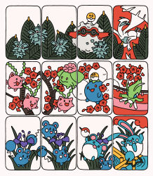 absurdres azumarill celebi creatures_(company) flower forretress game_freak gen_2_pokemon hanafuda highres holding holding_poke_ball hoppip jumpluff legendary_pokemon lugia marill mythical_pokemon nintendo no_humans pineco plant poke_ball pokemon pokemon_(creature) sabling skiploom