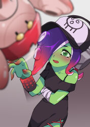2girls arm_across_waist bandaged_arm bandages baseball_cap black_dress blue_hair blush bracelet cephalopod_eyes colored_skin commentary crown dedf1sh dress drone english_commentary floating gomipomi gradient_hair green_eyes green_skin hair_over_one_eye hat headphones headphones_over_headwear highres jewelry long_hair multicolored_hair multiple_girls nintendo no_eyewear non-humanoid_robot octoling off-shoulder_dress off_shoulder one_eye_covered open_mouth pearl_(splatoon) pearl_drone_(splatoon) reaching reaching_towards_another red-tinted_eyewear red_hair robot short_sleeves single_bare_shoulder splatoon_(series) splatoon_3 splatoon_3:_side_order suction_cups tentacle_hair tinted_eyewear two-tone_hair