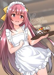 1girl absurdres apron blurry blurry_background blush bow bowl collarbone commentary_request crying crying_with_eyes_open embarrassed full-face_blush furaggu_(frag_0416) hair_bow highres holding holding_tray kamikaze_(kancolle) kantai_collection maid maid_apron maid_headdress naked_apron open_mouth pink_eyes pink_hair solo standing tears thighs tongue tray variant_set yellow_bow