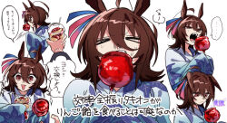 1girl :/ :3 agnes_tachyon_(umamusume) ahoge animal_ears blue_kimono blue_ribbon candy_apple closed_mouth cup disposable_cup ears_down food frills furrowed_brow hair_between_eyes hair_ribbon half-closed_eyes highres horse_ears horse_girl japanese_clothes kimono long_sleeves medium_hair ribbon solo sweatdrop uma2_0429 umamusume wide_sleeves yukata
