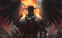 1boy absurdres armor black_jacket black_wings buttons commentary covered_face english_commentary fire formal_clothes frilled_shirt frilled_shirt_collar frills gimp_mask gimp_suit goggles helmet highres jacket joelchin katana king_(one_piece) leather leather_jacket long_sleeves male_focus mask one_piece painterly photoshop_(medium) realistic shirt solo spiked_helmet spikes suit sword weapon wings