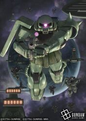 Rule 34 | aiming, aiming at viewer, artist request, beam cannon, cable, copyright notice, earth (planet), fleet, gun, gundam, gundam card game, logo, looking at viewer, machine gun, machinery, mecha, mecha focus, mobile suit, mobile suit gundam, musai, nebula, no humans, official art, one-eyed, planet, robot, scene reference, science fiction, scope, shield, shoulder spikes, space, spacecraft, spikes, star (sky), sunrise (company), weapon, window, zaku ii, zeon, zero gravity