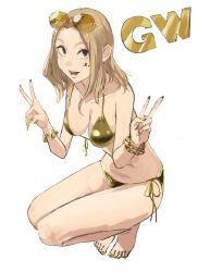 1girl absurdres bikini black_eyes blonde_hair boku_no_hero_academia bracelet breasts commentary_request double_v eyewear_on_head front-tie_bikini_top front-tie_top gold_bikini gold_bracelet gold_nails highres jewelry kurokami_kinniku_matsuri large_breasts long_hair nail_polish open_mouth side-tie_bikini_bottom simple_background solo squatting swimsuit teeth toenail_polish toenails utsushimi_kemii v white_background