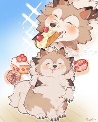 Rule 34 | absurdres, animal ears, artist name, blush, claws, closed eyes, commentary, cream, cream on face, drooling, eating, fangs, food, food on face, fruit, gen 7 pokemon, highres, huckypaw, lycanroc, mouth drool, multiple views, nintendo, open mouth, pastry, pokemon, sitting, strawberry, tail, wolf, wolf ears, wolf tail