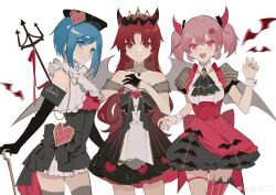 3girls :d absurdres alternate_costume ascot bare_shoulders black_ascot black_bow black_dress black_gloves black_hat black_skirt blue_eyes blue_hair bow bubble_skirt cane capelet chinese_commentary commentary_request cowboy_shot crown demon_horns demon_wings detached_collar dress elbow_gloves fangs frilled_capelet frilled_skirt frills gem gloves grey_thighhighs half_gloves halloween_costume hand_on_cane hand_on_own_chest hand_up hat heart-shaped_gem highres horns kaname_madoka long_hair looking_at_viewer mahou_shoujo_madoka_magica mahou_shoujo_madoka_magica_(anime) miki_sayaka multiple_girls open_mouth ouge_dz parted_bangs pink_eyes pink_hair polearm puffy_short_sleeves puffy_sleeves red_eyes red_gemstone red_hair red_thighhighs sakura_kyoko short_hair short_sleeves short_twintails simple_background single_thighhigh skin_fangs skirt smile standing strapless strapless_dress thigh_strap thighhighs trident twintails watermark weapon weibo_watermark white_background white_capelet wings wrist_cuffs