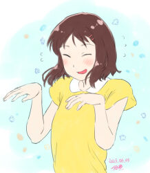 1girl arms_up blue_background blush brown_hair closed_eyes collared_shirt facing_viewer hair_ornament iwakura_mitsumi open_mouth shirt short_hair short_sleeves simple_background skip_to_loafer solo tongue tsukudani_(coke-buta) upper_body white_background yellow_shirt