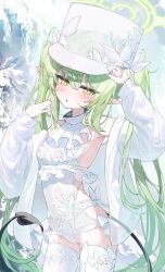 1girl :o absurdres alternate_costume ascot black_tail blue_archive blush breasts covered_navel demon_tail green_hair green_halo groin hair_between_eyes hair_ribbon halo hand_on_headwear hat highres huge_filesize jacket kabedoru leotard loli long_hair long_pointy_ears long_sleeves looking_at_viewer nozomi_(blue_archive) open_clothes open_jacket open_mouth peaked_cap pointy_ears ribbon sideless_leotard sidelocks small_breasts solo sweat tail thighhighs twintails very_long_hair white_ascot white_hat white_jacket white_leotard white_ribbon white_thighhighs yellow_eyes