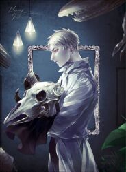 1boy axis_powers_hetalia collared_shirt commentary_request cowboy_shot from_side grey_hair holding holding_skull indoors lamp leaf long_sleeves looking_at_viewer male_focus neck_ribbon open_clothes open_robe picture_frame prussia_(hetalia) red_eyes ribbon robe shirt short_hair skull solo standing teeth tsukiho_(006688) white_ribbon white_robe white_shirt