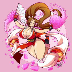 1girl absurdres black_socks blush breasts brown_eyes brown_hair cleavage collarbone curvy dragoontequila fan fatal_fury fingerless_gloves full_body gloves highres huge_breasts jumping leotard leotard_under_clothes long_hair looking_at_viewer petals pink_background ponytail shiny_skin shiranui_mai simple_background socks solo the_king_of_fighters very_long_hair wide_hips