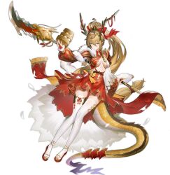 1girl aged_up ahoge ark_order asymmetrical_sleeves bamboo_steamer blonde_hair bow braid breasts bridal_gauntlets center_opening dragon dragon_horns dragon_tail dragon_wings feathered_wings flats food full_body fur-trimmed_sleeves fur_trim gloves gold_trim hair_bow high_ponytail highres holding holding_polearm holding_weapon horns large_breasts leg_ribbon long_hair long_sleeves looking_at_viewer low-tied_long_hair mismatched_sleeves official_art parted_lips polearm ponytail pppppan puffy_long_sleeves puffy_sleeves red_bow red_footwear red_gloves red_ribbon red_shirt red_skirt ribbon shirt skirt solo steamed_bun tachi-e tail thigh_ribbon thighhighs transparent_background very_long_hair weapon white_shirt white_thighhighs white_wings wide_sleeves wings yellow_eyes yinglong_(ark_order)