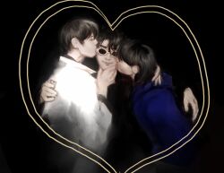 1girl 2boys arm_around_neck black_background black_coat black_hair blue_hoodie border cheek_kiss coat double-parted_bangs double_cheek_kiss drawn_heart grabbing_another&#039;s_chin group_hug hair_between_eyes han_sooyoung hand_on_another&#039;s_chin highres hood hood_down hoodie hug implied_bisexual kim_dokja kiss kissing_cheek macaronijail medium_hair multiple_boys omniscient_reader&#039;s_viewpoint ornate_border polyamory popped_collar short_hair smile sunglasses white_coat yoo_joonghyuk