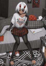 1girl absurdres among_us asus black_collar black_gloves black_leggings blush brand_name_imitation bring_me_the_horizon carpet collar commission crewmate_(among_us) curtains demon_horns earphones elbow_gloves fingerless_gloves gloves goth_fashion hair_ornament highres horns indie_virtual_youtuber indoors itemlabel jewelry leggings lobsteranian looking_at_viewer on_bed pentagram pillow plaid_clothes plaid_skirt pleated_skirt poster_(object) punk shirt short_hair skirt solo sucklet toilet_paper virtual_youtuber white_shirt zoiteki