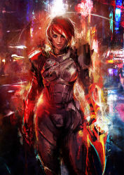 1girl blood blood_on_face blue_eyes city commander_shepard commander_shepard_(female) cowboy_shot energy_blade female_focus lens_flare lips mass_effect_(series) mass_effect_3 muju n7_armor outdoors red_hair short_hair solo