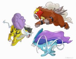 claws commentary_request creatures_(company) entei game_freak gen_2_pokemon highres legendary_pokemon nintendo no_humans open_mouth orange_eyes pokemon pokemon_(creature) raikou running signature simple_background suicune toes tongue tusks uninori white_background