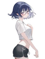 1girl black-framed_eyewear black_shorts blue_hair blush breasts closed_mouth commentary commission cowboy_shot crop_top crop_top_overhang dolphin_shorts drawstring from_side glasses hand_on_own_chest highres karyln looking_at_viewer looking_to_the_side midriff navel original pointy_ears purple_eyes shirt short_hair short_shorts short_sleeves shorts simple_background small_breasts solo stomach white_background white_shirt