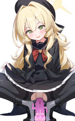 1girl @_@ beret black_coat black_gloves black_hat black_pantyhose black_sailor_collar blonde_hair blue_archive blush bow cane coat crotchless crotchless_pantyhose fluffy_hair gloves green_eyes halo hat highres holding holding_cane loloco long_hair open_clothes open_coat open_mouth panties pantyhose professor_niyaniya_(blue_archive) red_bow sailor_collar sex_toy simple_background smile solo squatting underwear white_background white_panties yellow_halo