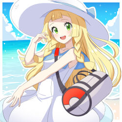 1girl :d bag blonde_hair cloud collared_dress commentary daiichi_(1279220) day dress duffel_bag eyelashes green_eyes hand_up happy hat highres lillie_(pokemon) long_hair nintendo open_mouth outdoors outline poke_ball_print pokemon pokemon_sm shore sky sleeveless sleeveless_dress smile solo sun_hat teeth tongue upper_teeth_only water white_dress white_hat