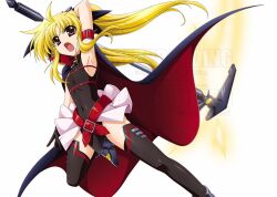 1girl arm_strap arm_up armpits axe belt black_cape black_leotard black_ribbon black_thighhighs blonde_hair cape chest_belt commentary covered_navel crossed_belts fate_testarossa fate_testarossa_(original_form) flat_chest foot_out_of_frame hair_ribbon higa_yukari holding holding_axe jumping leotard long_hair lyrical_nanoha mahou_shoujo_lyrical_nanoha miniskirt open_mouth pleated_skirt red_cape ribbon showgirl_skirt skirt solo thighhighs twintails two-sided_cape two-sided_fabric watermark white_skirt zettai_ryouiki