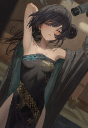 1girl absurdres after_bathing arm_up armpits bare_shoulders black_dress black_hair blue_archive blush breasts china_dress chinese_clothes coat coat_partially_removed cowboy_shot dress drying drying_hair dutch_angle gold_embroidery grey_coat grey_eyes hair_bun hair_dryer half-closed_eye halo hidulume highres kisaki_(blue_archive) long_hair looking_at_viewer one_eye_closed parted_bangs parted_lips partially_undressed pelvic_curtain side_slit single_hair_bun sleeveless sleeveless_dress small_breasts solo striped_coat vertical-striped_coat water_drop wet