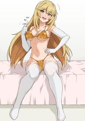 1girl absurdres blonde_hair breasts brown_eyes chastity_cage_emission chastity_key commentary commission elbow_gloves english_commentary gloves haruhisky highres holding holding_key key large_breasts long_hair looking_at_viewer nipples nude second-party_source shokuhou_misaki solo sparkling_eyes spider_web_print thighhighs toaru_kagaku_no_mental_out toaru_kagaku_no_railgun toaru_majutsu_no_index white_gloves white_thighhighs