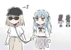 Rule 34 | 4girls, bang dream!, bang dream! it&#039;s mygo!!!!!, baseball cap, black collar, black hat, blonde hair, blue hair, brown skirt, collar, grey skirt, hat, holding, holding leash, leash, long hair, long sleeves, lyy, medium hair, misumi uika, multiple girls, shiina taki, shirt, short sleeves, sidelocks, skirt, sunglasses, sweatdrop, togawa sakiko, white shirt, yahata umiri