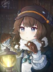 Rule 34 | 1girl, :&lt;, artist name, black coat, blue eyes, blue neckerchief, brown gloves, brown hair, coat, dark background, dated, dress, gloves, grey hat, hands up, hat, highres, holding, holding lantern, kikuka, lantern, long hair, looking up, marcus (reverse:1999), neckerchief, newsboy cap, reverse:1999, scarf, signature, solo, upper body, white dress, white scarf