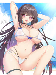 Rule 34 | 1girl, :d, armpits, arms up, bare arms, beach, black hair, blue hair, blue sky, blush, bow, braid, breasts, cleavage, cloud, collarbone, colored inner hair, comiket 106, day, gradient hair, hair bow, highres, large breasts, long hair, looking at viewer, mole, mole under eye, multicolored hair, nao (naobinarydigit), navel, open mouth, original, outdoors, purple eyes, purple hair, sky, smile, solo, swimsuit, thigh strap, thighs, underboob, very long hair, white background