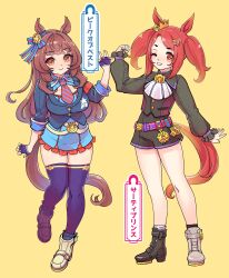 2girls ahoge belt breasts brown_hair commentary_request full_body hair_between_eyes hair_ornament highres horse_girl horse_tail large_breasts looking_at_viewer multiple_girls one_eye_closed original personification shoes shorts simple_background small_breasts smile tail thighhighs thighs translation_request tsuutenkaaku twintails yellow_background