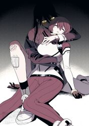 2girls amate_yuzuriha artist_name bandaid bandaid_on_knee bandaid_on_leg commentary_request english_text glowing glowing_eyes gundam gundam_gquuuuuux hug hug_from_behind long_hair mecha_pilot_suit mixed-language_text multiple_girls nyaan_(gundam_gquuuuuux) pale_color short_hair twitter_username watermark yukataro