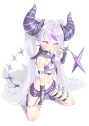 &gt;:p 1girl absurdres ahoge belt black_horns black_shorts collar commentary_request cropped_shirt demon_horns double-parted_bangs full_body grey_hair hair_between_eyes hand_up highres hololive horns kneeling la+_darknesss la+_darknesss_(4th_costume) large_horns long_hair looking_at_another looking_at_viewer metal_collar midriff multicolored_hair multiple_thigh_straps navel necktie official_alternate_costume official_alternate_hairstyle pointy_ears purple_belt purple_hair purple_necktie purple_sailor_collar revision sailor_collar shirt short_shorts shorts simple_background sleeveless sleeveless_shirt slit_pupils solo streaked_hair striped_horns syam_illust tail twintails very_long_hair virtual_youtuber white_background white_shirt yellow_eyes