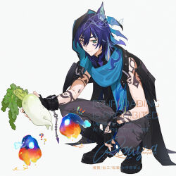 ! 1boy ? animal_ear_fluff animal_ears arm_tattoo artist_name bat_ears black_boots black_gloves black_jacket black_shirt blue_eyes blue_hair blue_scarf boots closed_mouth commentary_request cropped_jacket daikon facial_mark fingerless_gloves food genshin_impact gloves grey_pants hair_between_eyes hand_tattoo heterochromia holding holding_food hood hood_up hooded_jacket jacket male_focus medium_hair monetoo_(genshin_impact) multicolored_hair ororon_(genshin_impact) pants purple_eyes purple_hair purple_shirt radish rowya scarf shirt shoulder_tattoo sidelocks signature simple_background sleeveless sleeveless_shirt smile solo squatting streaked_hair tattoo twitter_username white_background