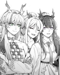 3girls :d ^_^ absurdres arknights arm_around_shoulder beads blue_eyes breasts chinese_commentary cleavage closed_eyes closed_mouth commentary_request crossed_arms dragon_girl dragon_horns earrings fingernails green_eyes greyscale hair_between_eyes heads_together highres horns jewelry jianbing_guozi ling_(arknights) long_hair long_sleeves monochrome multicolored_eyes multiple_girls necklace nian_(arknights) open_mouth pink_eyes pointy_ears shu_(arknights) siblings simple_background sisters smile split_mouth spot_color tassel two-tone_eyes upper_body white_background